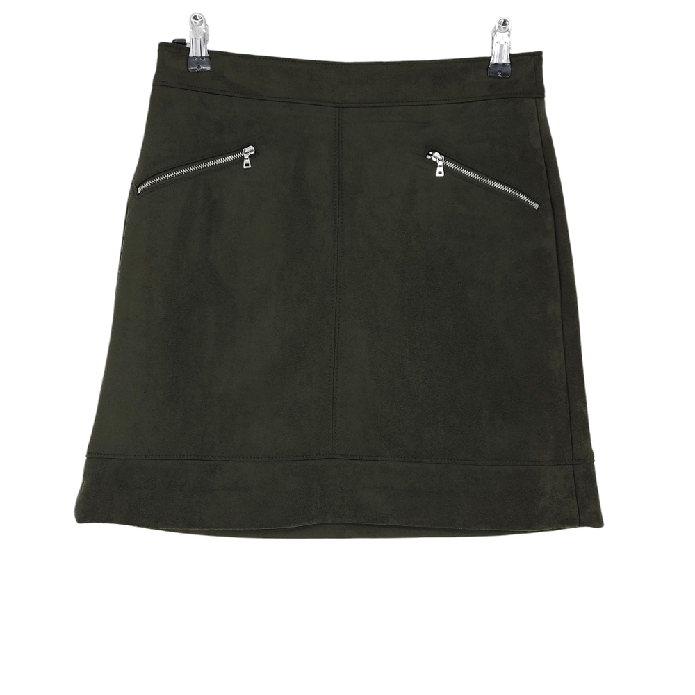 Ann Taylor LOFT A Line Mini Skirt Olive Green Faux Suede Zip Back 4